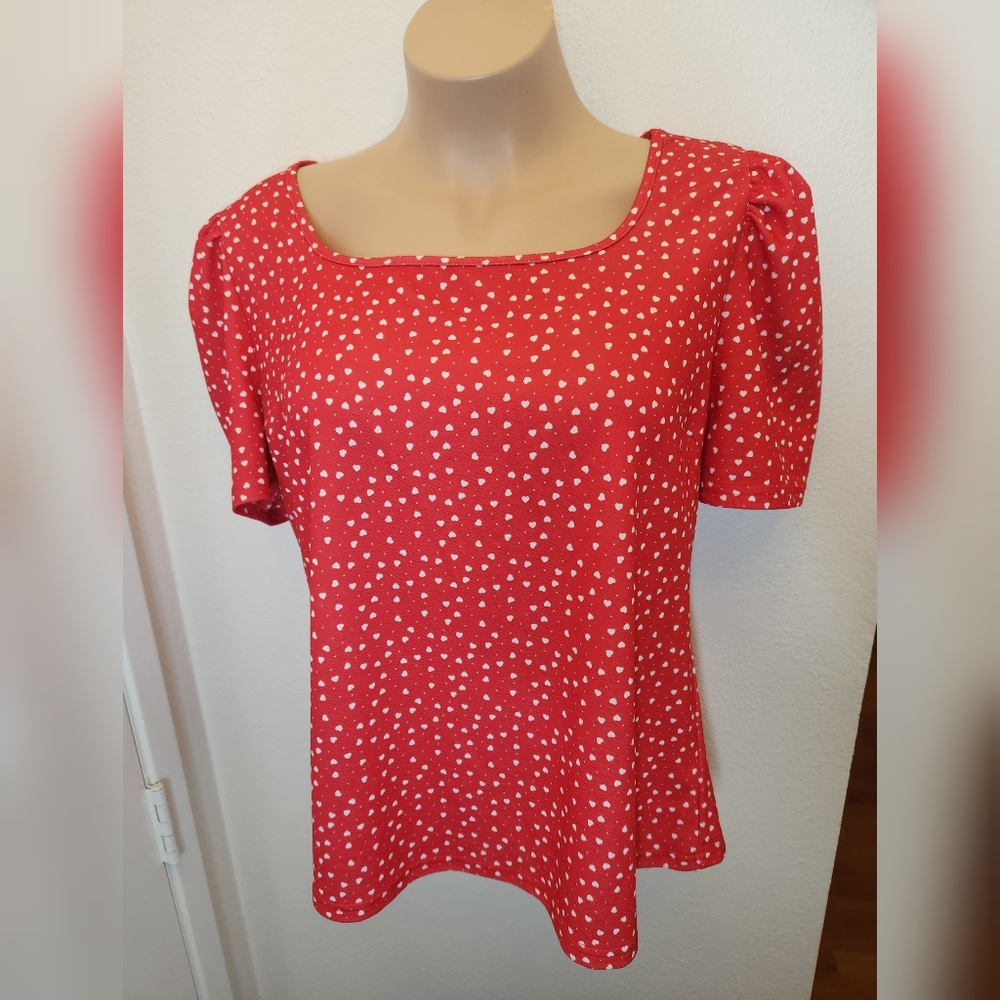 IN'VOLAND Red White Heart Print Blouse Short Sleeve Valentine's Day